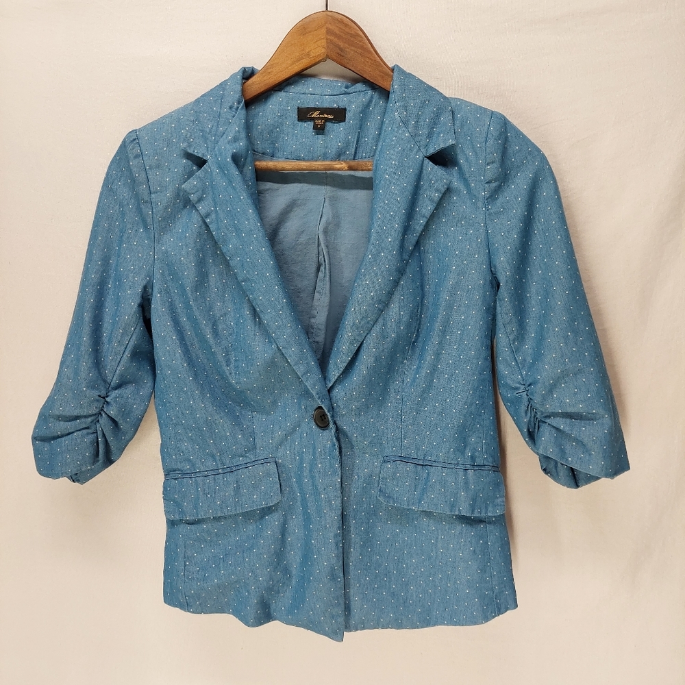 Monteau blue polka dotted jacket 3/4 Ruched Sleeve size S